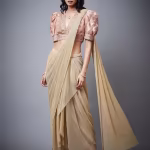 Peach & Gold Satnam Embroidered Draped Saree With Stitched Blouse
