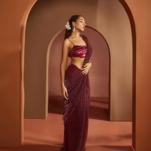 Humaida Maroon Shimmer Pre-Draped Saree with Stitched Blouse