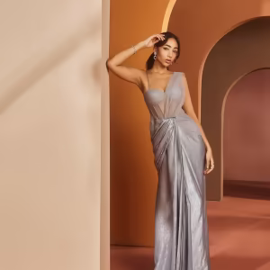 Faizah Grey Glitter Georgette One-Piece Saree with Stitched