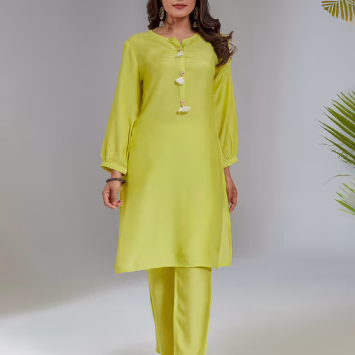 Lime Yellow Solid Muslin A-Line Co-ord (Set of 2)