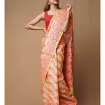 Cream Red Pure Handloom Tussar Jamdhani Bengal Cotton Saree without Blouse
