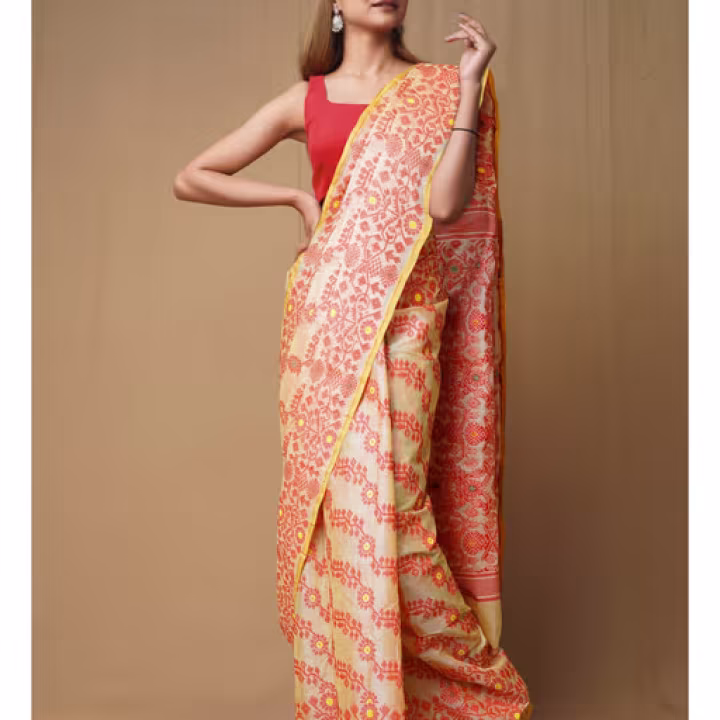 Cream Red Pure Handloom Tussar Jamdhani Bengal Cotton Saree without Blouse