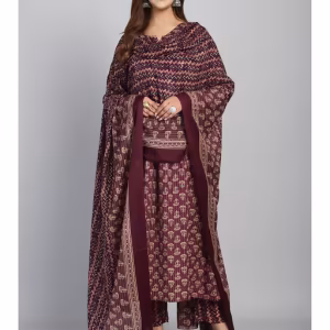 Womens Wine Cotton Jaipuri Printed Kurta Pant with Dupatta (Set of 3)