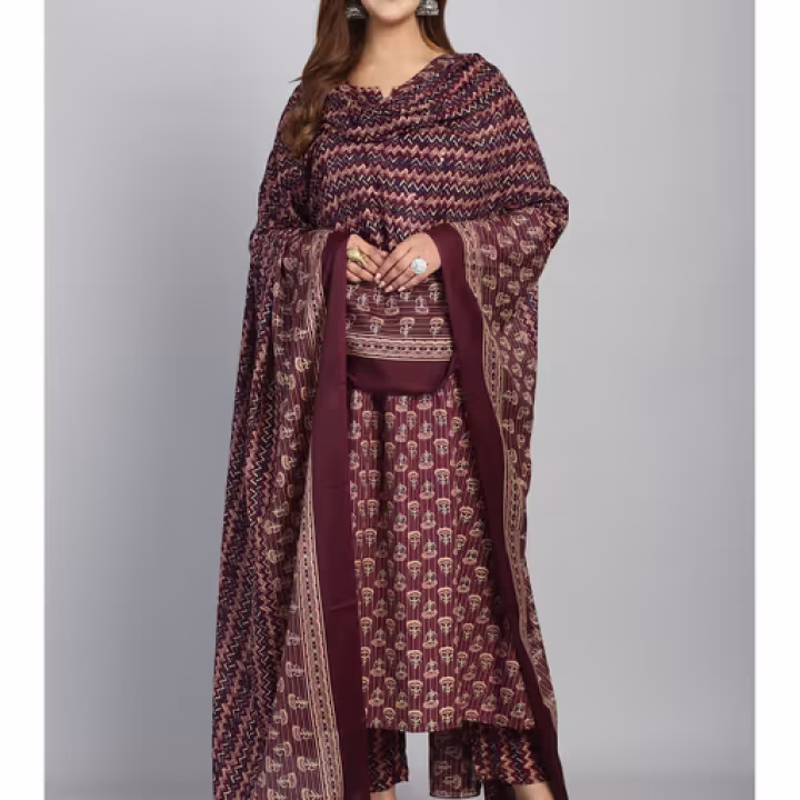 Womens Wine Cotton Jaipuri Printed Kurta Pant with Dupatta (Set of 3)