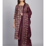 Womens Wine Cotton Blend Foil Print Kurta Pant with Dupatta (Set of 3)