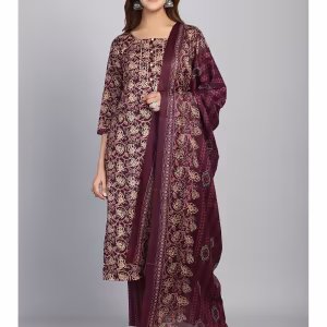 Womens Wine Cotton Blend Foil Print Kurta Pant with Dupatta (Set of 3)