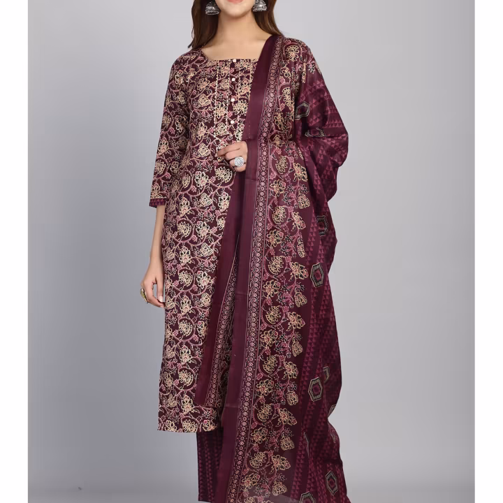 Womens Wine Cotton Blend Foil Print Kurta Pant with Dupatta (Set of 3)