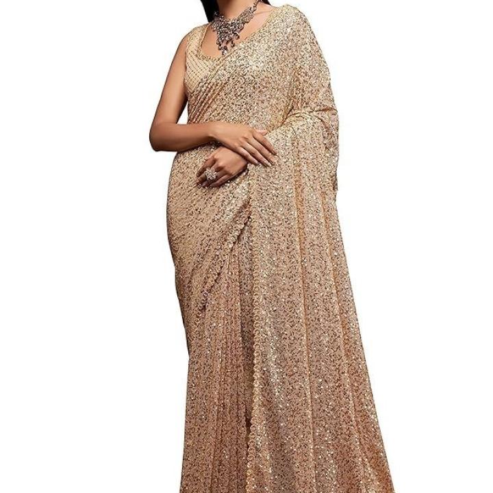 Women’s Georgette Heavy Sequins Work Heavy Saree with Blouse (Latest-Sequins-Party-Saree)
