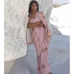 Carnation Pink Saree Jacket with Stitched Blouse