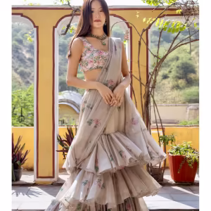 Moss Green Ruffle Saree with Stitched Blouse