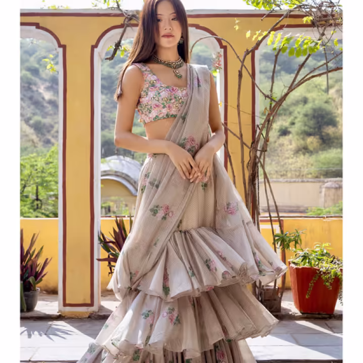 Moss Green Ruffle Saree with Stitched Blouse