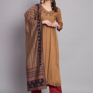 Brown Rayon Alia Cut A-line Kurta & Dupatta Set (Set of 2)