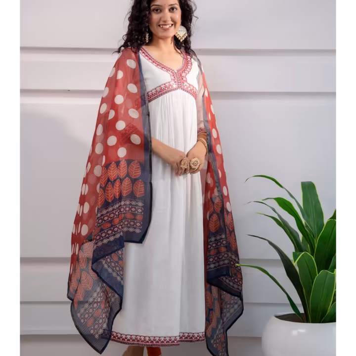 White Rayon Alia Cut A-line Kurta & Dupatta Set (Set of 2)