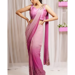 Pink Candy Hand Embroidered & Georgette Saree with Stitched Blouse