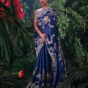 Navy Blue Organza Floral Bead Work Saree with Unstitched Blouse