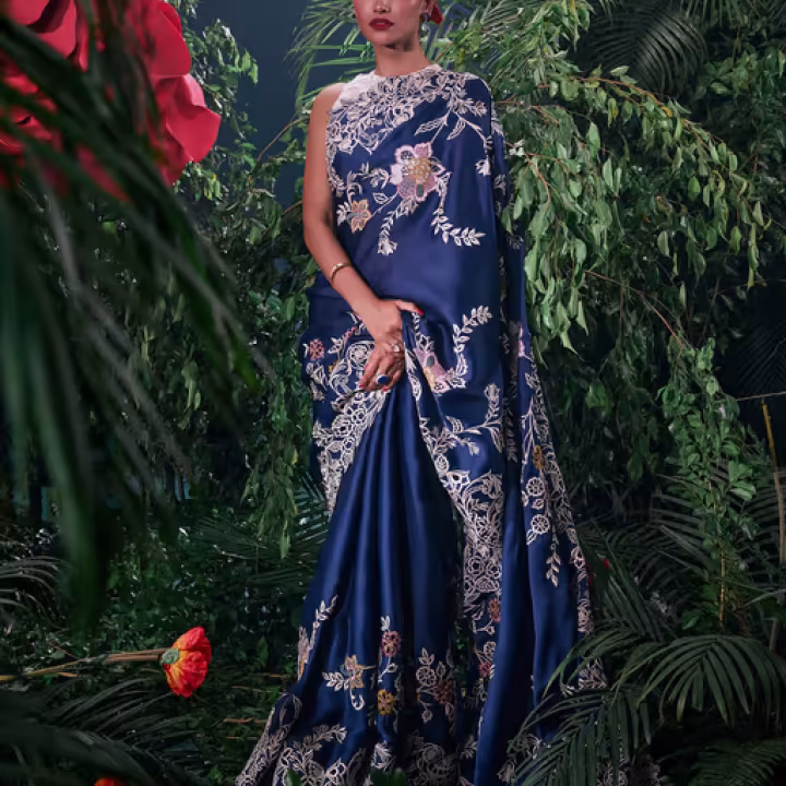 Navy Blue Organza Floral Bead Work Saree with Unstitched Blouse