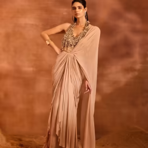 Renee Beige Pre-Draped Saree with Stitched Blouse