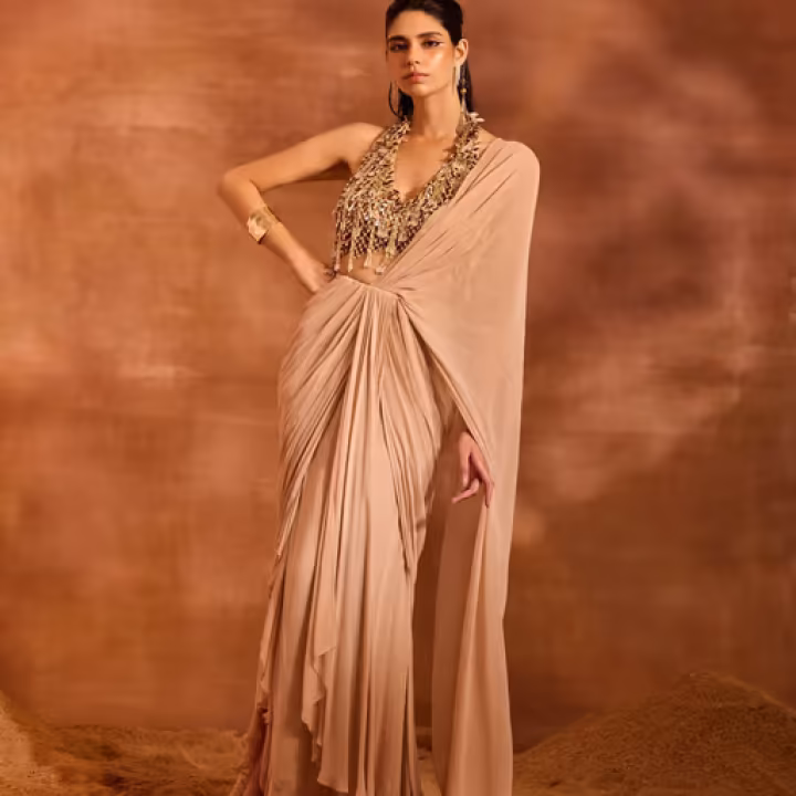 Renee Beige Pre-Draped Saree with Stitched Blouse
