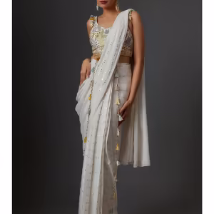 Off White Embroidered Saree With Stiched Blouse
