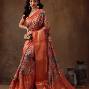 Multi Kanjeevaram Pattu Zari Woven Border Digital Printed Saree with Unstitched Blouse