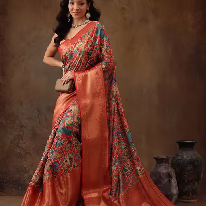 Multi Kanjeevaram Pattu Zari Woven Border Digital Printed Saree with Unstitched Blouse