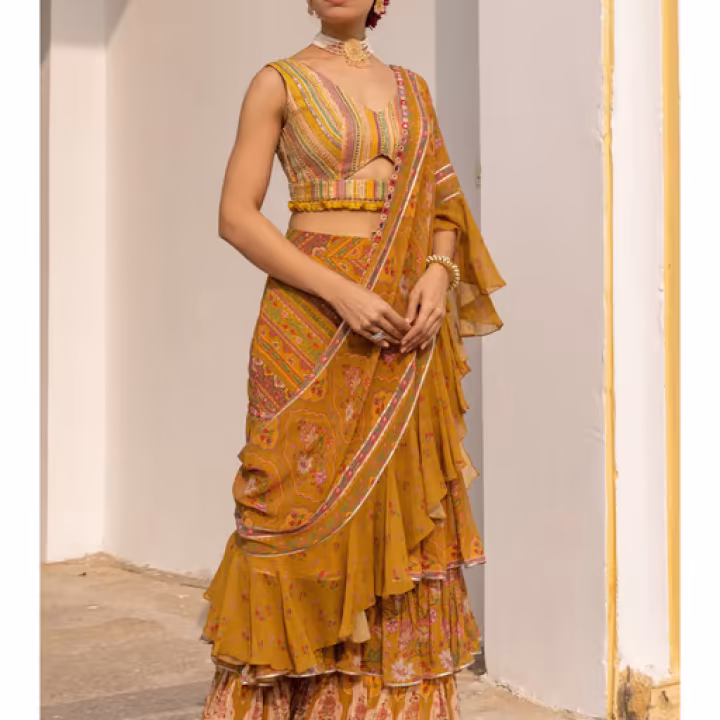 Mustard Damini Ruffle Pre-Draped Saree with Stitched Blouse