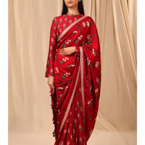 Red Spring Blossom Saree with Unstitched Blouse