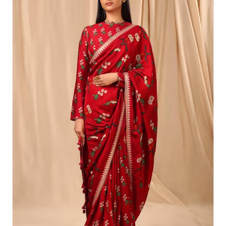 Red Spring Blossom Saree with Unstitched Blouse