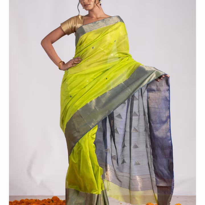 Green Pure Handloom Maheshwari Sico Saree with Unstitched Blouse