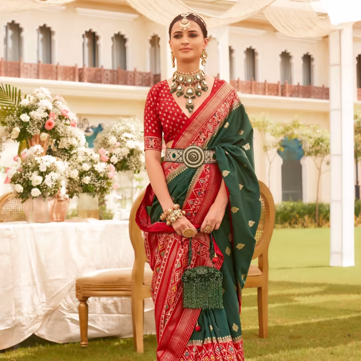 Ethnic Wear Printed Patola Green Silk Saree With Unstitched Blouse