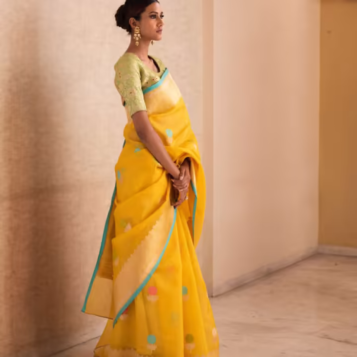 Jiva Yellow Silk Brocade Banarasi Saree with Unstitched Blouse