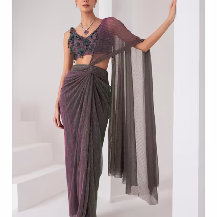 Women’s Lavender Crystal Embellished Pre Drape Saree with Stitched Blouse