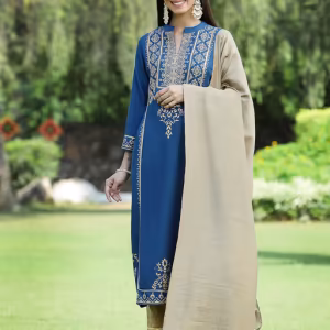 Dark Teal Ethnic Motif Printed Rayon Straight Kurta & Dupatta Set with Buttons.