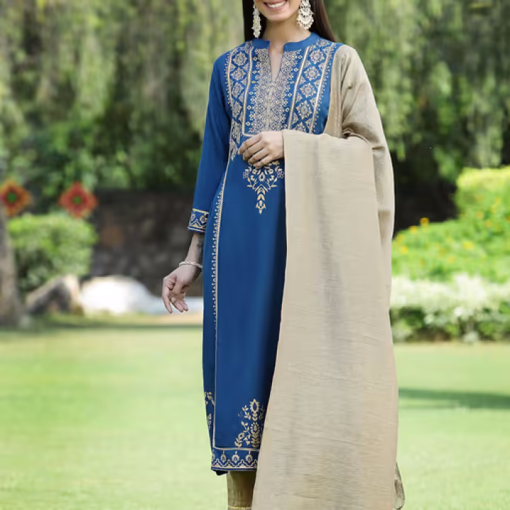 Dark Teal Ethnic Motif Printed Rayon Straight Kurta & Dupatta Set with Buttons.