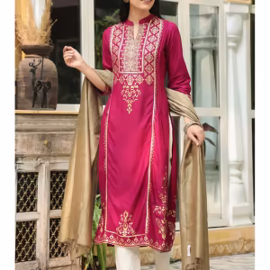 Wine Ethnic Motif Printed Rayon Straight Kurta & Dupatta Set with Buttons
