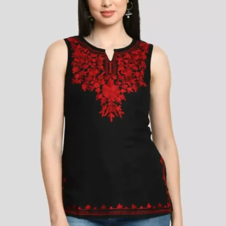 Black Kashmiri Sleeveless Short Kurti