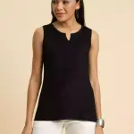 Black Self-Embroidered Sleeveless Short Kurti