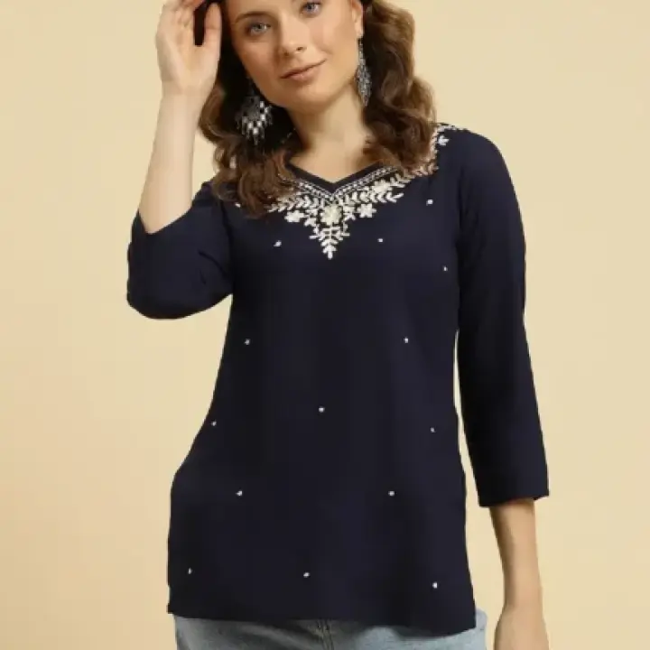 Blue Kashmiri Silk Work Short Kurti