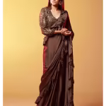 Dark Brown Silk Ruffled Saree without Blouse