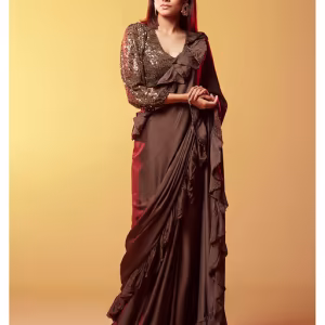 Dark Brown Silk Ruffled Saree without Blouse