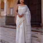 White Pure Chanderi Hand Block Printed Saree with Unstitched Blouse