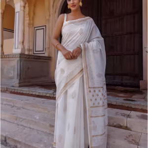 White Pure Chanderi Hand Block Printed Saree with Unstitched Blouse