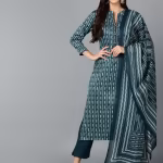 Women Teal Rayon Blend Stripes Printed Regular Kurta with Pant and Dupatta (Set of 3)