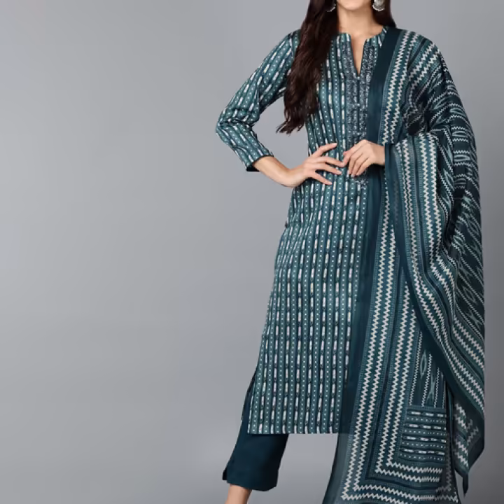 Women Teal Rayon Blend Stripes Printed Regular Kurta with Pant and Dupatta (Set of 3)