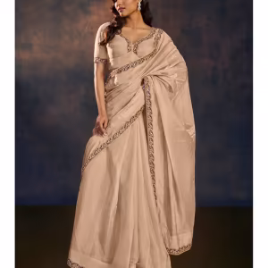 Beige Banarasi Tissue Saree with Purple Gold Lace Work without Blouse