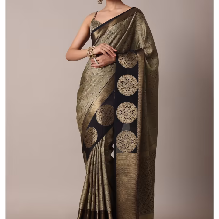 Gold Motifs Black Banarasi Tunchui Silk Saree with Unstitched Blouse