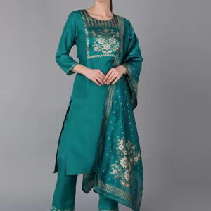 Women Green Poly Silk Woven Design Straight Kurta Pants with Dupatta (Set of 3)