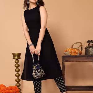 Black Rayon Solid A Line Kurta and Pant for Women (Set of 2)