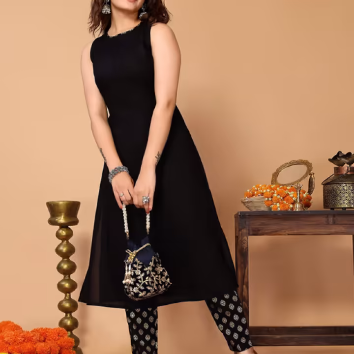 Black Rayon Solid A Line Kurta and Pant for Women (Set of 2)