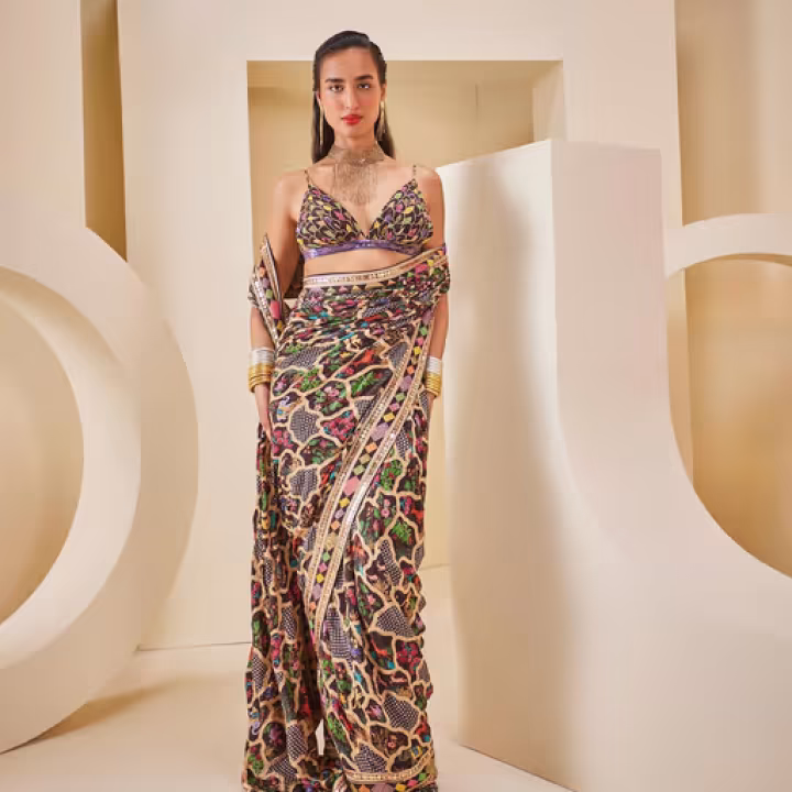 Women’s Printed Embellished Saree with Stitched Blouse and Petticoat